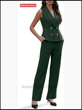 2 Piece Business Suit Set Sleeveless Vest Straight Leg Pants Work Outfit